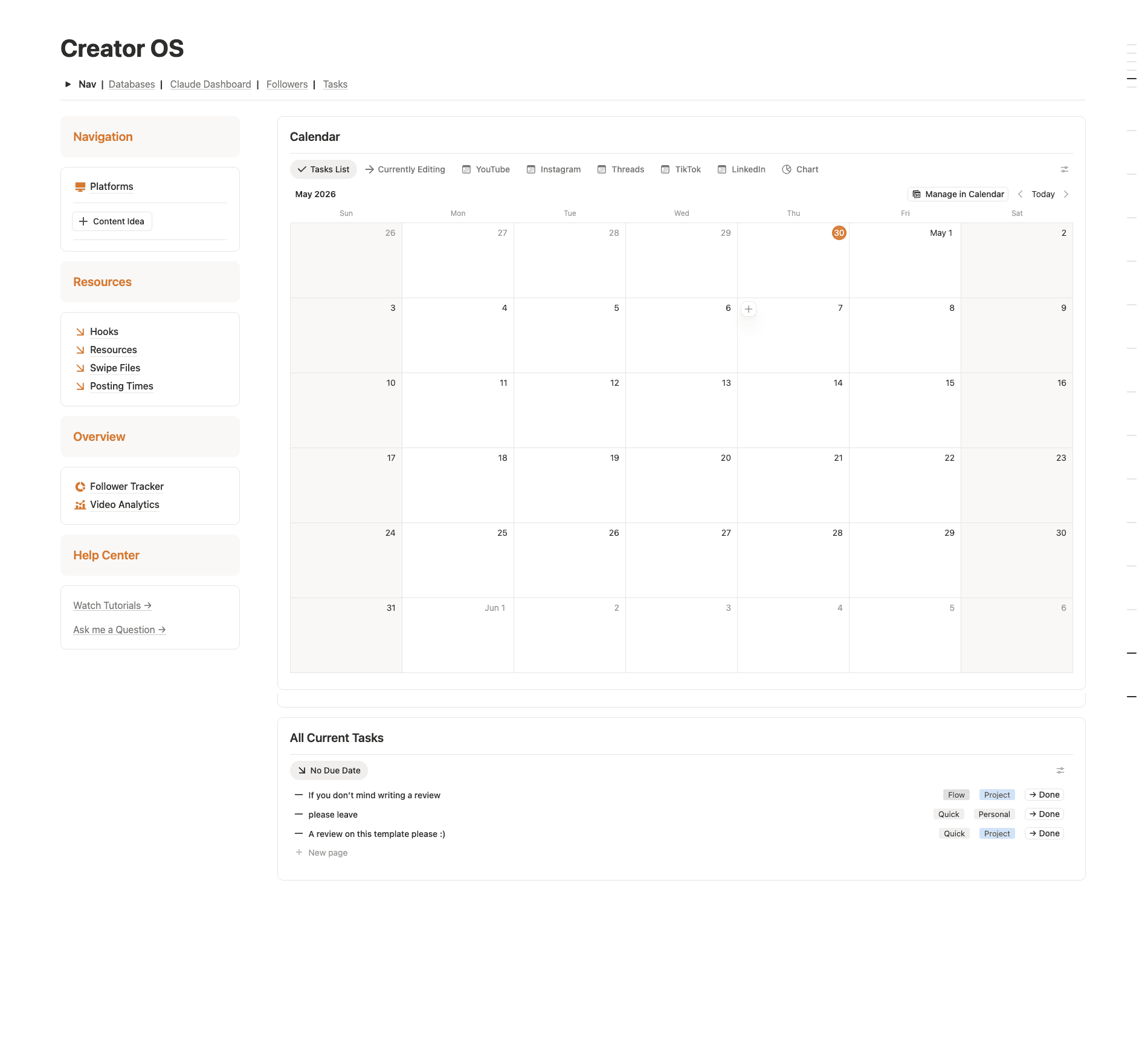 The Creator OS home page with a content calendar tab for every platform