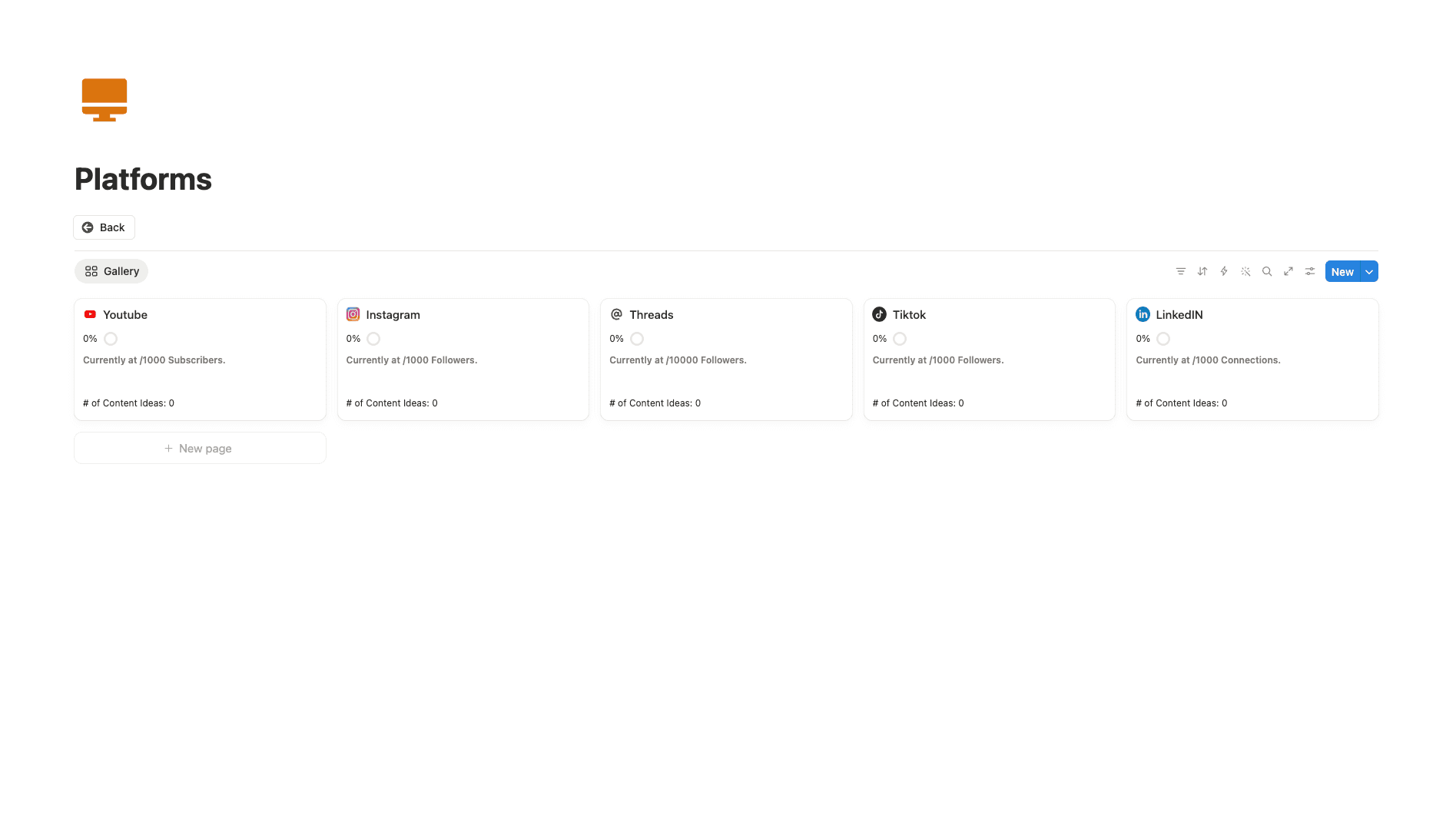 The Platforms gallery with a card per channel