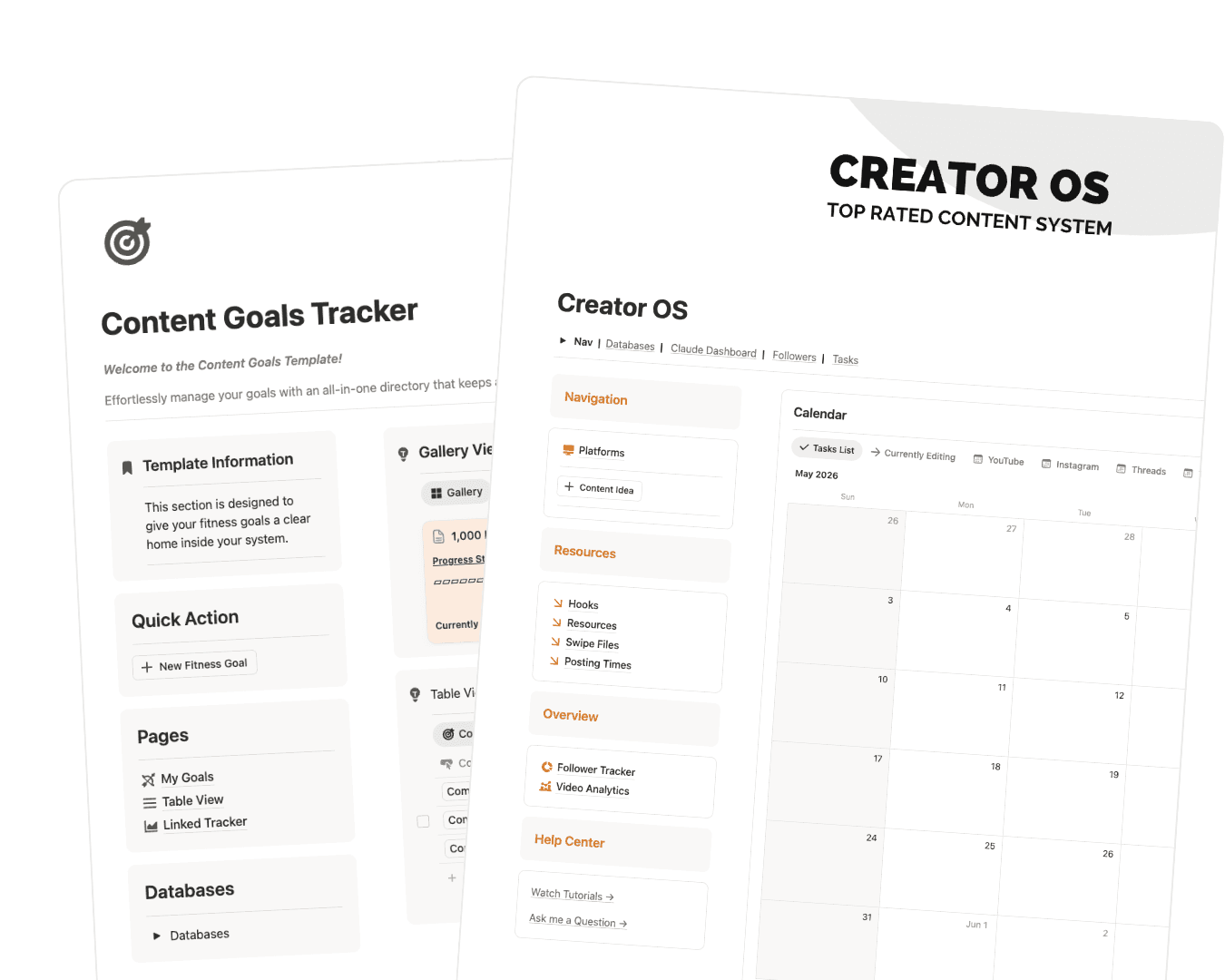 Creator OS home page fanned out with the Content Goals Tracker page