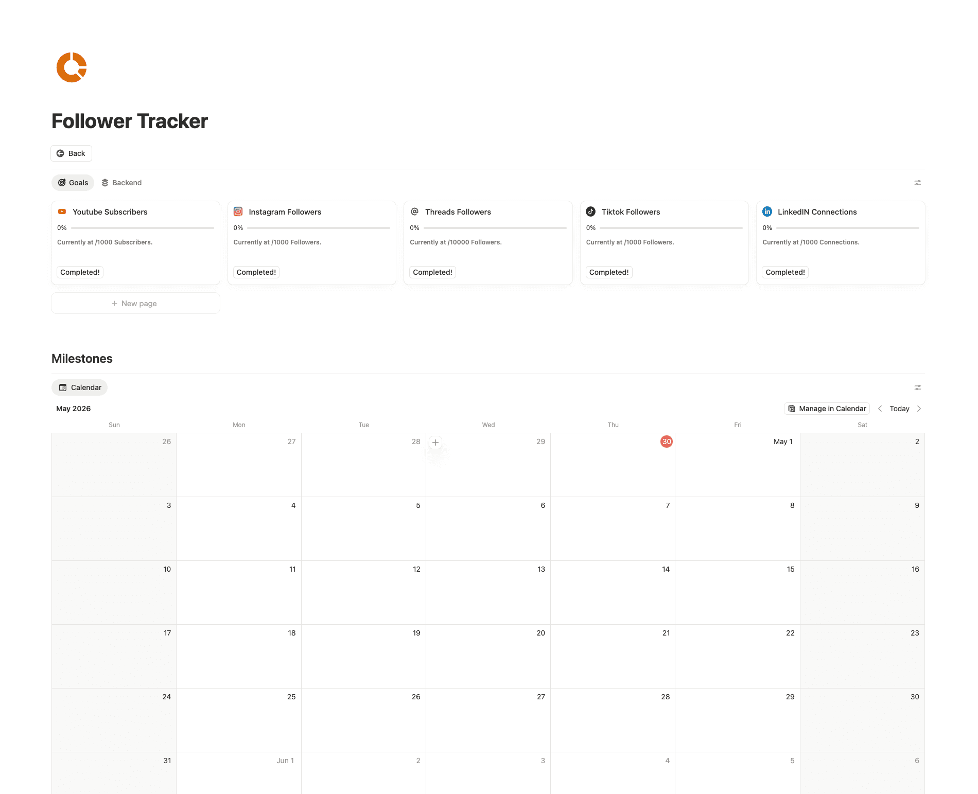 Creator OS Follower Tracker with a goal card per platform and a milestones calendar