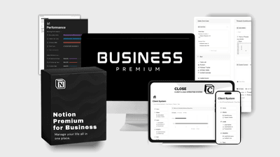 Business Mastery Bundle interface showing advanced CRM dashboard, project tracking system, team collaboration tools, and financial management templates for scaling businesses