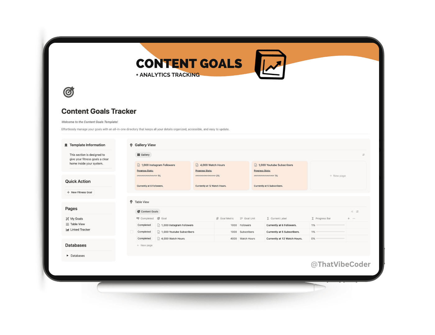 Content Goals dashboard for setting and tracking creator goals in Notion