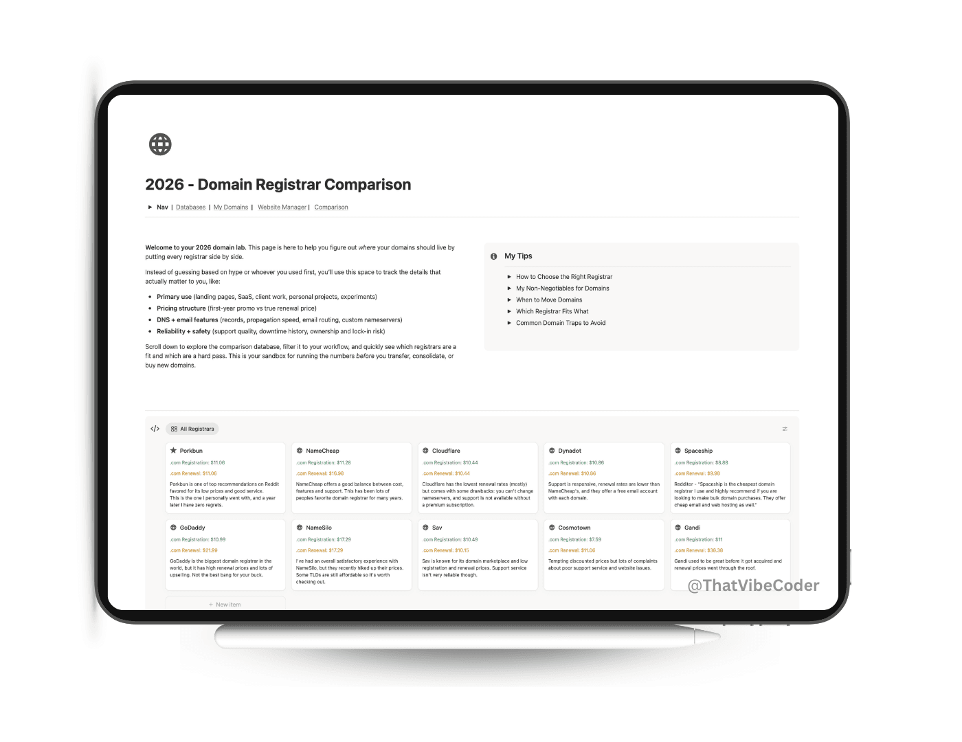 Domain Tracker for managing domains and comparing registrars in Notion