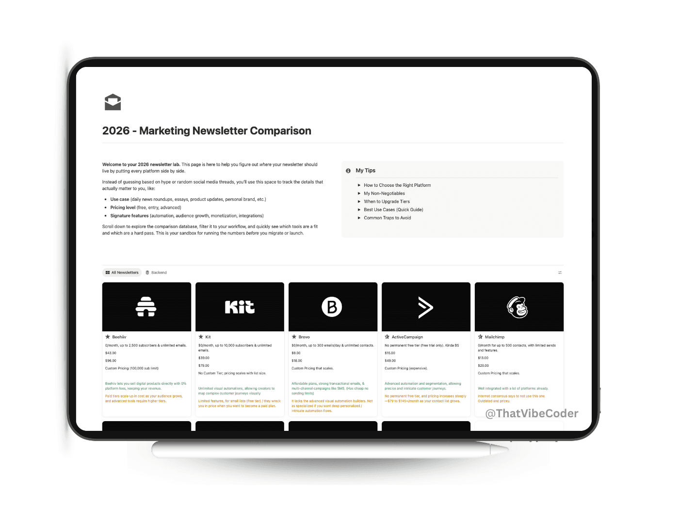 2026 Newsletter Platform Comparison guide in Notion