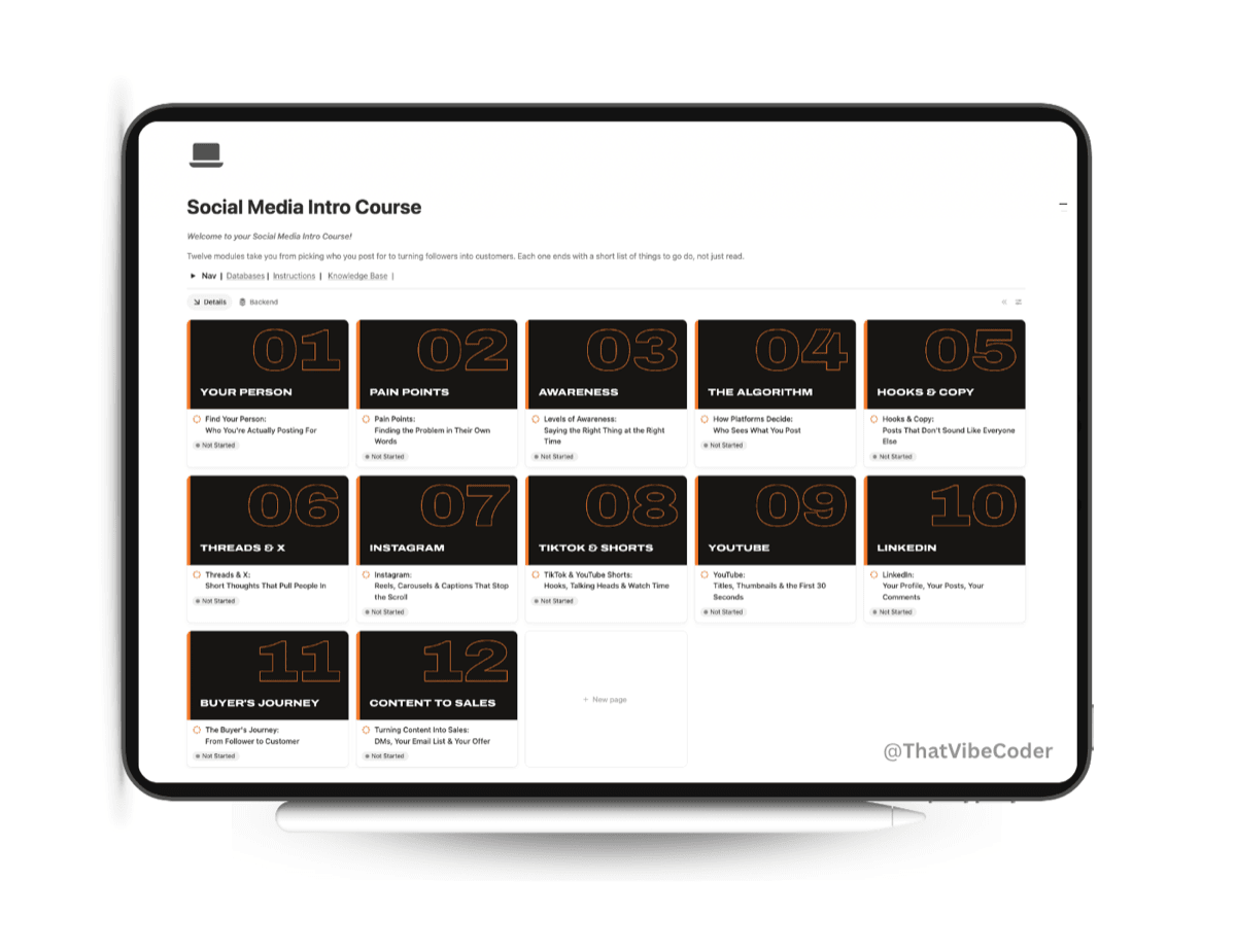 Social Media Intro Course in Notion on a tablet, with its 12 modules from Your Person to Content to Sales