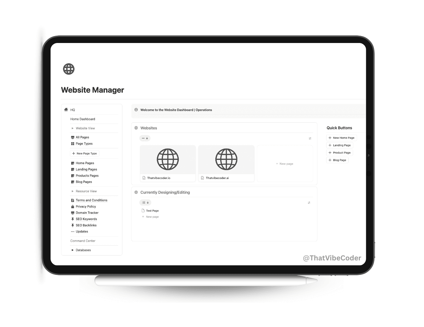 Website Management system for tracking pages, copy, and updates in Notion