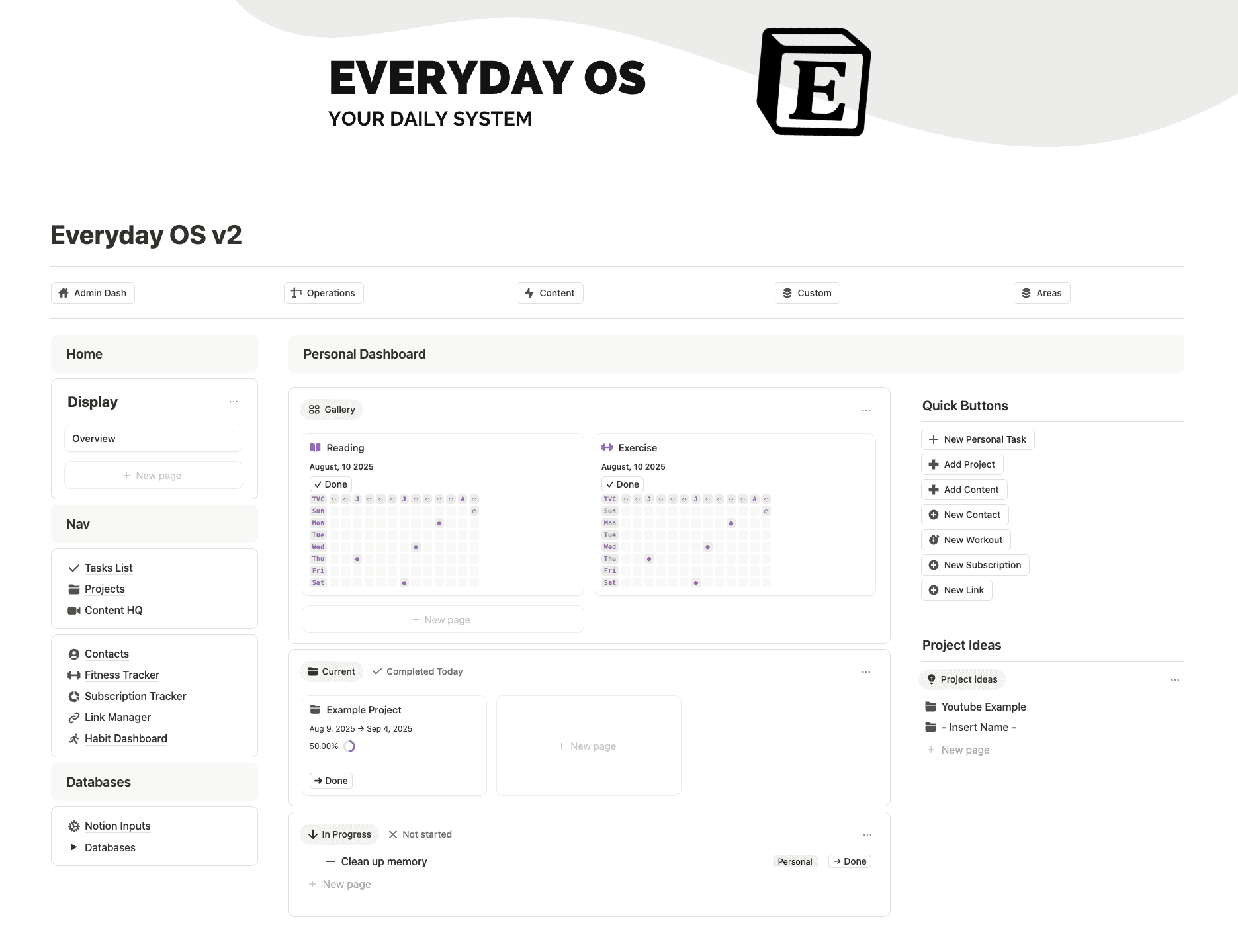 The personal dashboard with quick buttons, projects and project ideas