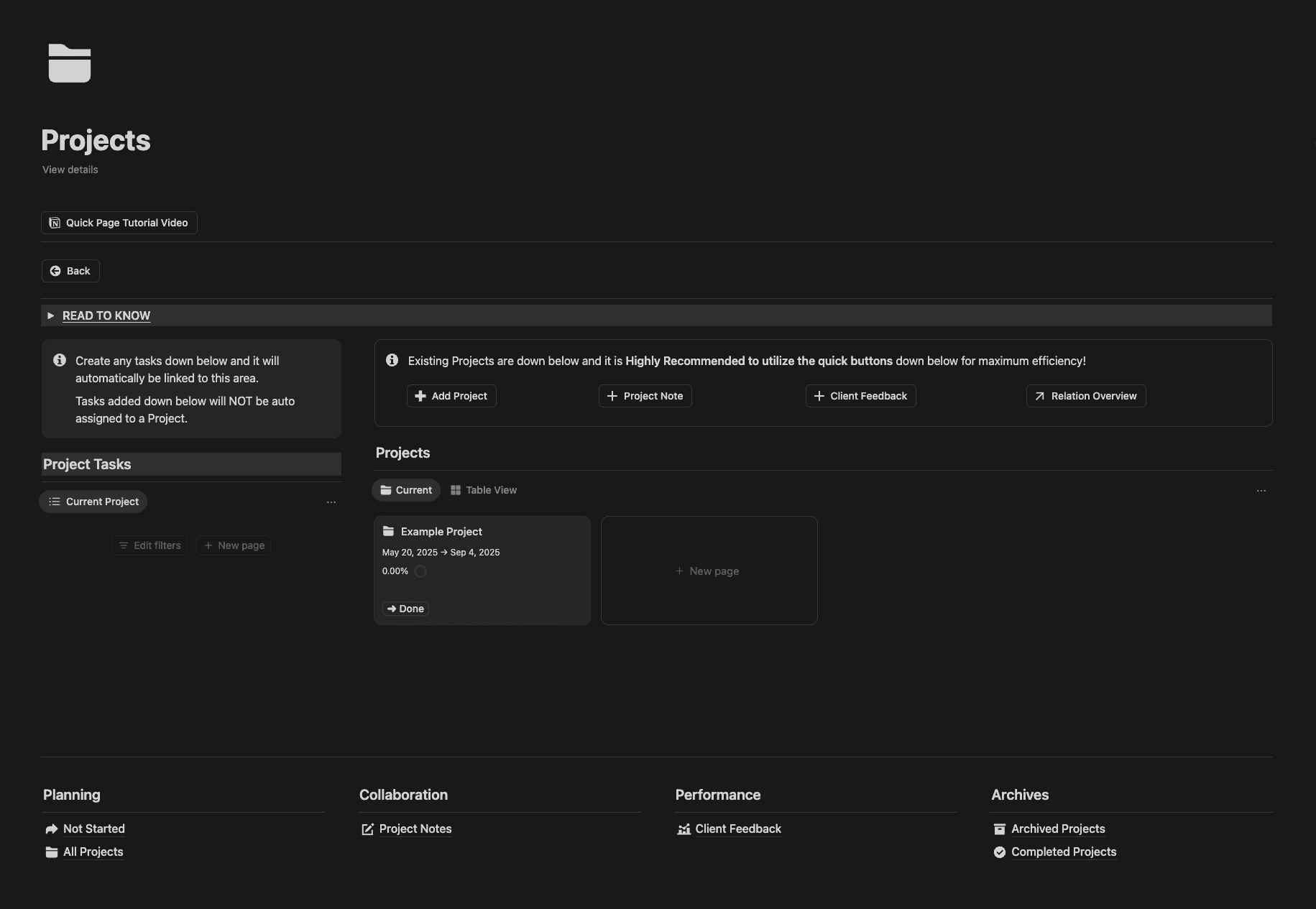 The Projects page with current projects and project tasks