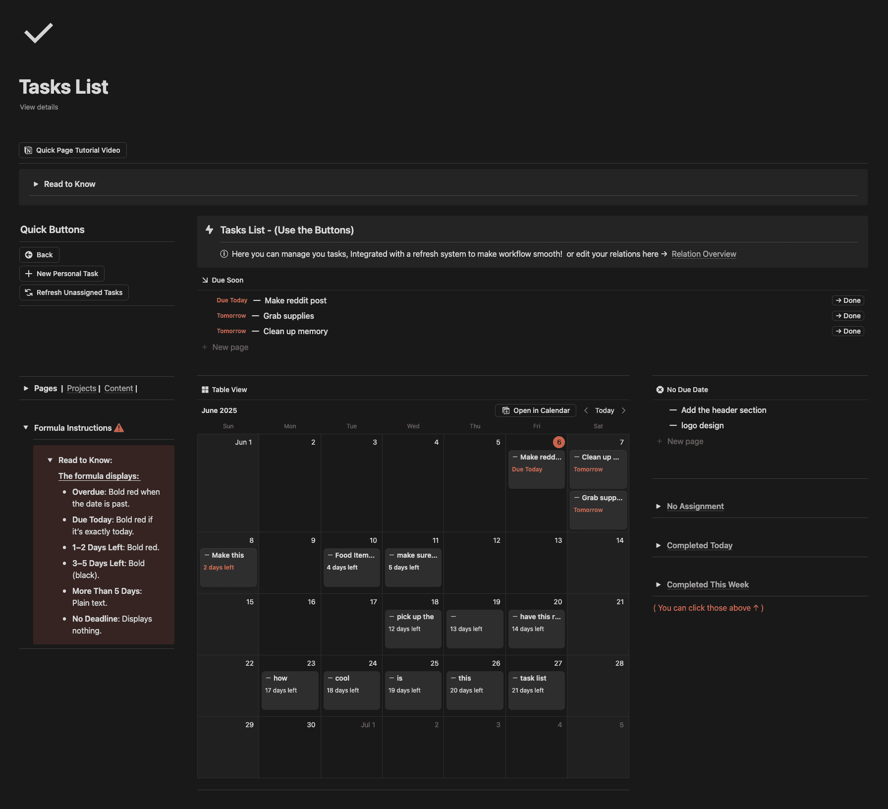 The Tasks List with a calendar of due dates