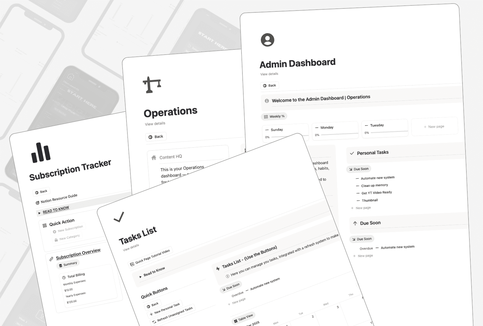 Everyday OS pages: Subscription Tracker, Operations, Tasks List and the Admin Dashboard