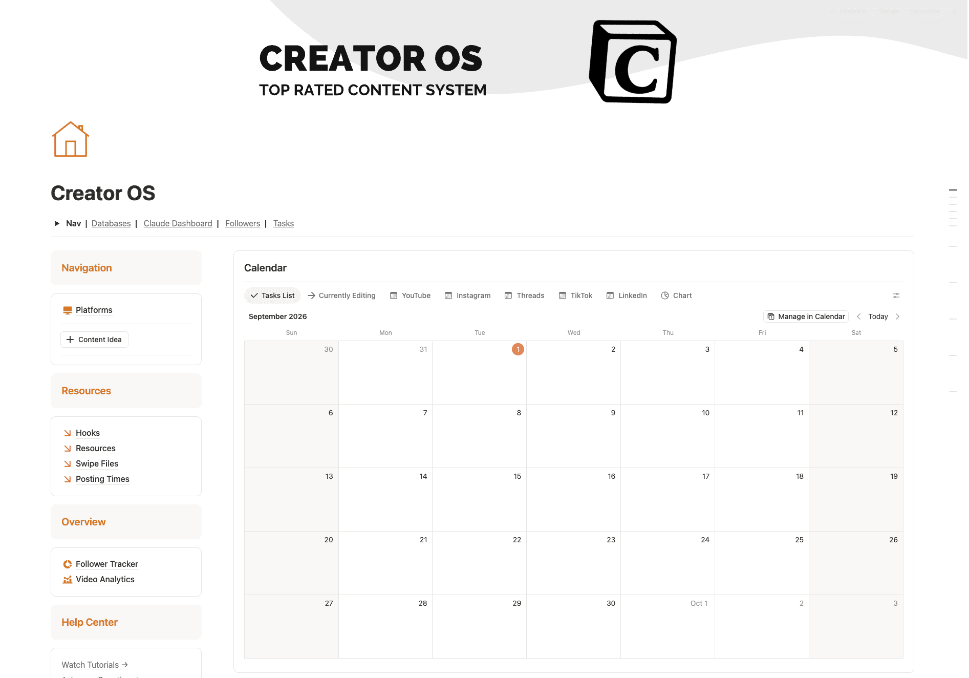 Creator OS Notion dashboard with the content calendar, navigation, and resources