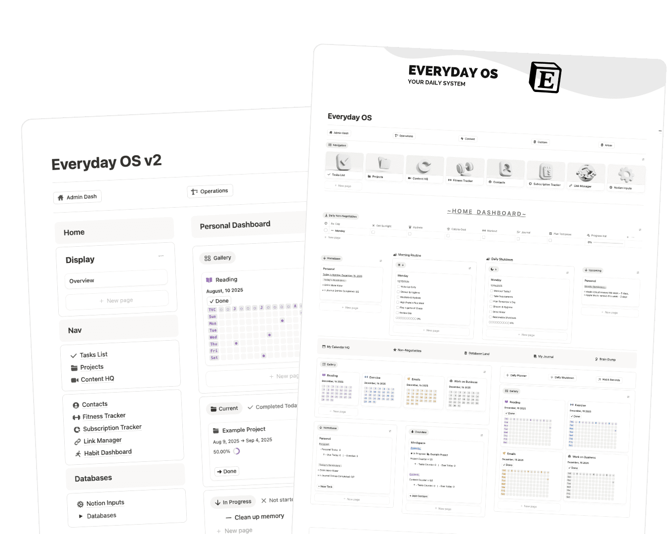 The two Everyday OS dashboards side by side: the v2 sidebar layout and the home dashboard