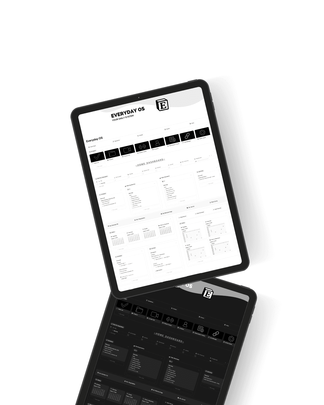 Everyday OS dashboard system with light and dark mode interfaces