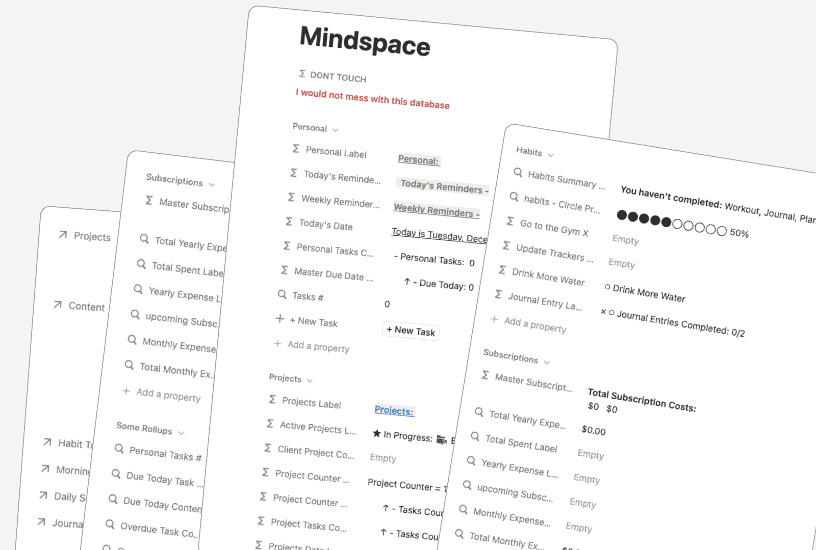 The Mindspace database: today's reminders, habit summary and subscription totals in plain sentences