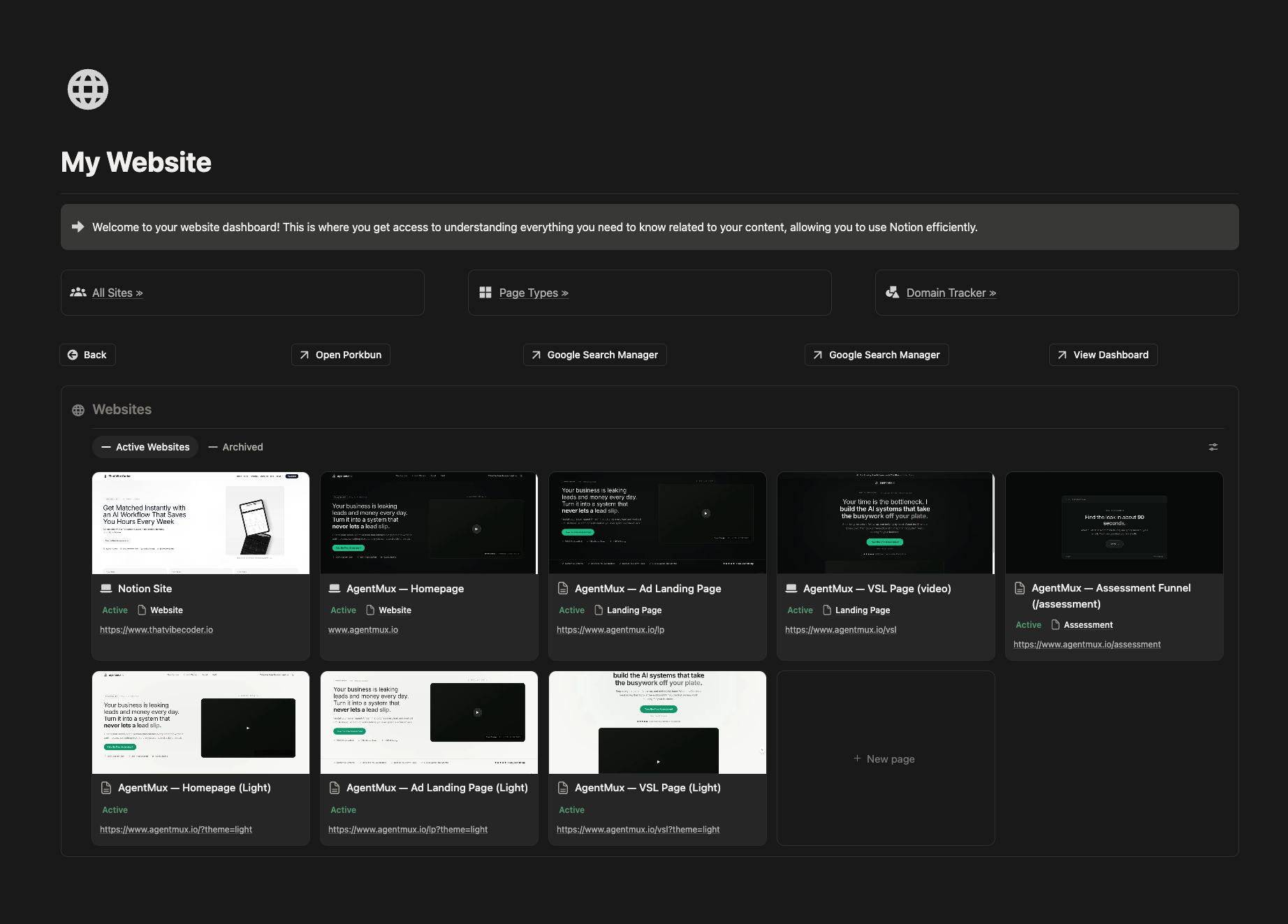A Notion website dashboard showing several homepage and landing page variations side by side