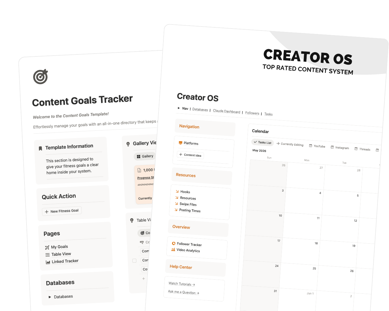 Creator OS home page fanned out with the Content Goals Tracker page