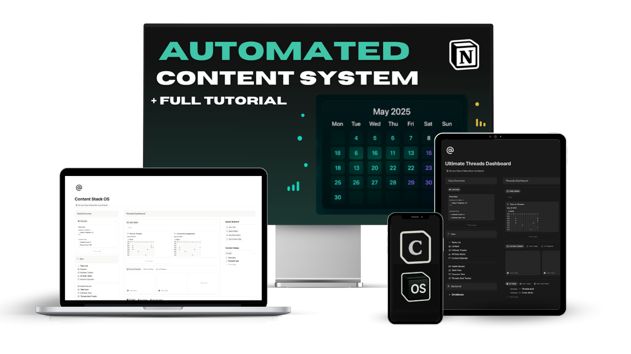 Automated content system mockup showing the Creator OS calendar on a monitor, laptop, tablet, and phone