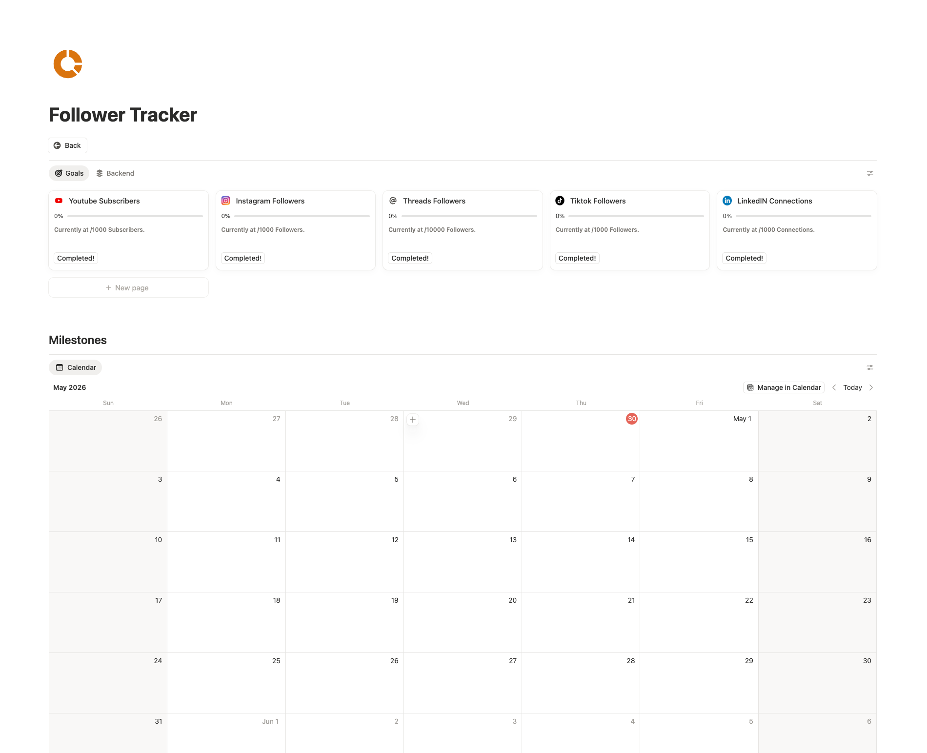 Creator OS Follower Tracker with a goal card per platform and a milestones calendar