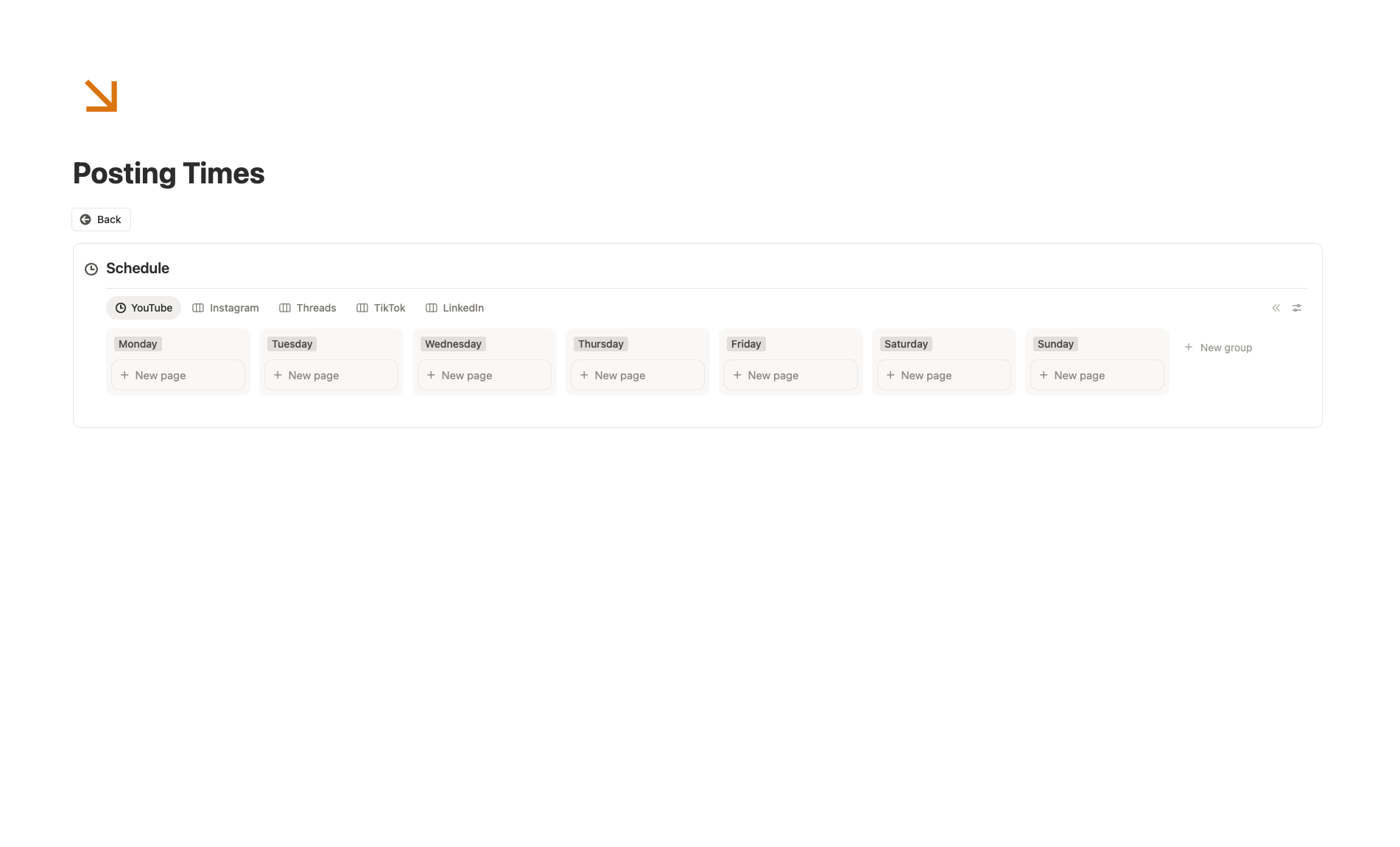 Creator OS Posting Times board with a weekly schedule per platform