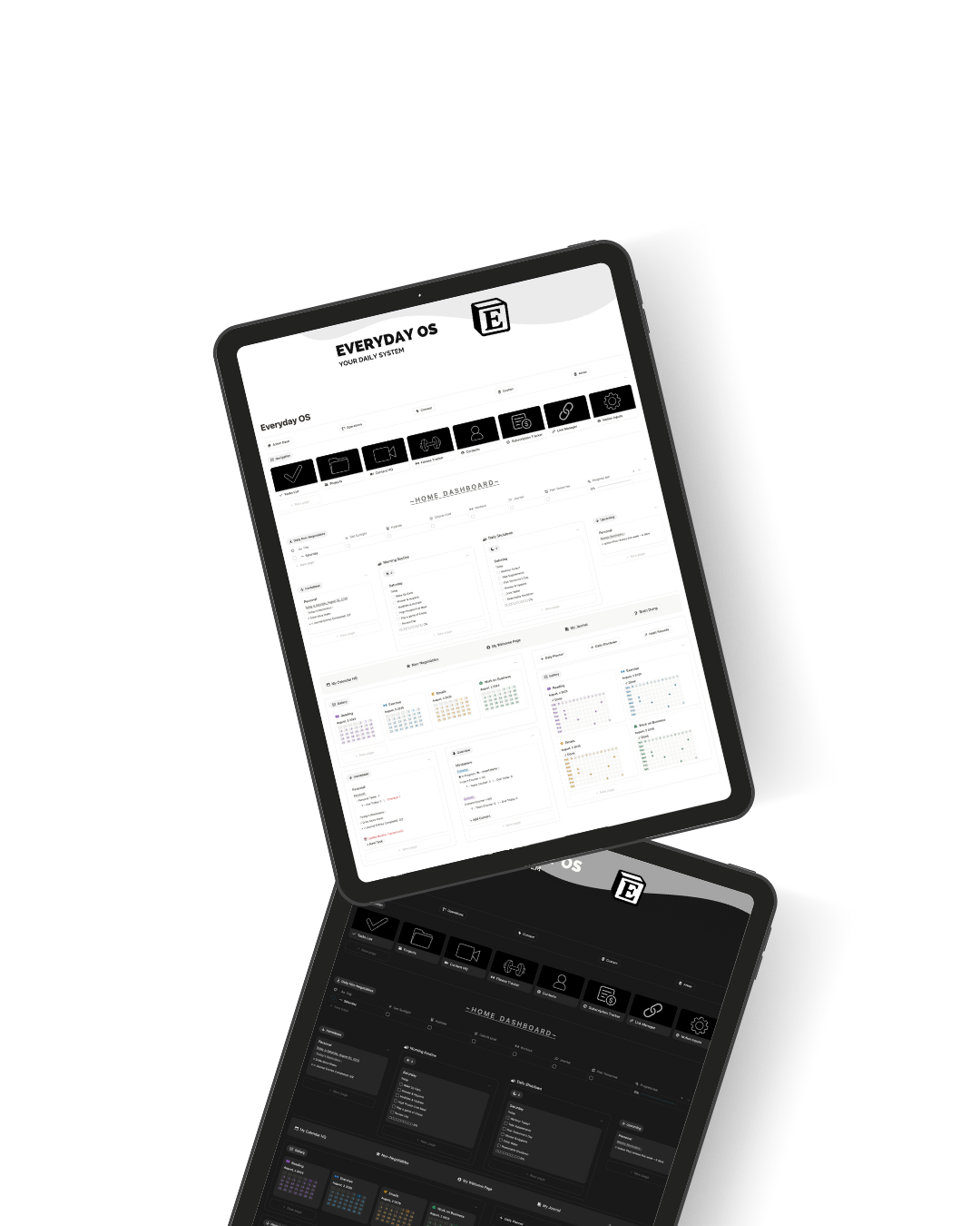 Everyday OS dashboard system with light and dark mode interfaces