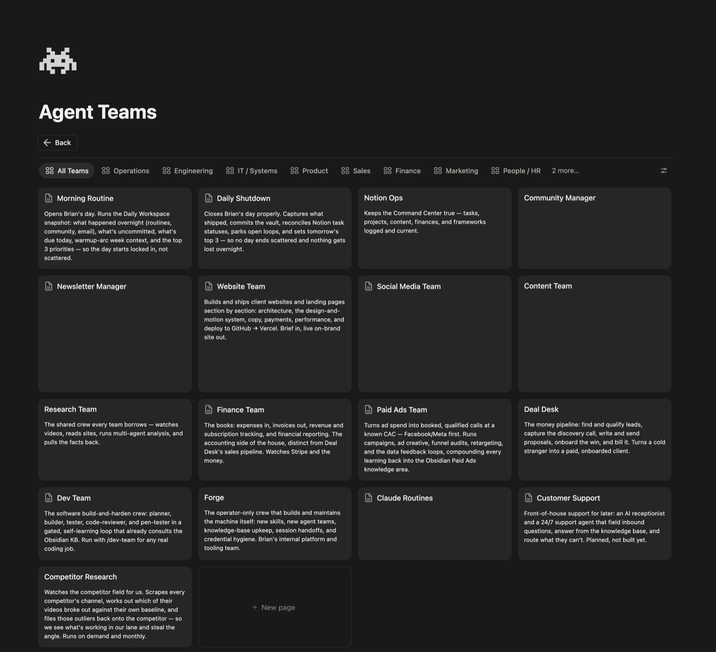 Brian's agent teams board in Notion showing teams organized by department with their status