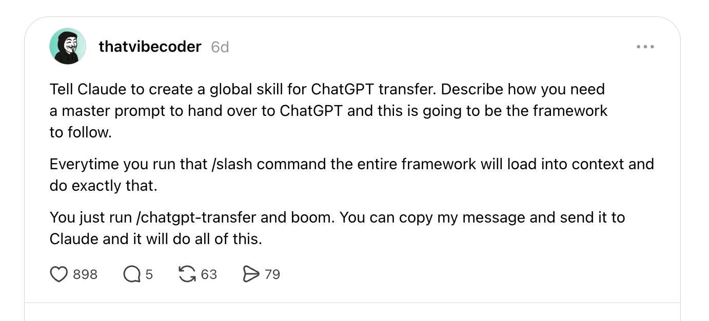 A social post from thatvibecoder explaining how to tell Claude to build a slash command that hands a project off to ChatGPT, with 898 likes, 5 comments, and 63 reposts
