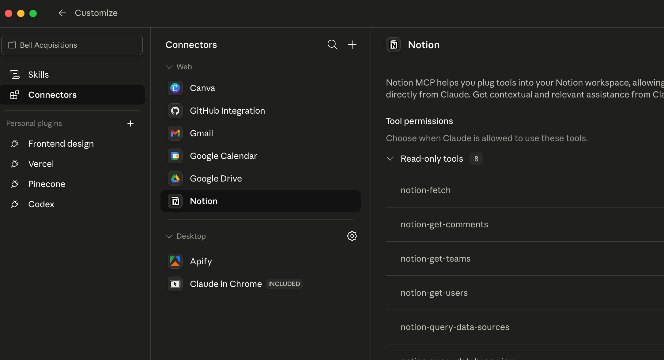 Claude desktop Customize screen showing the Connectors panel where you switch a tool on