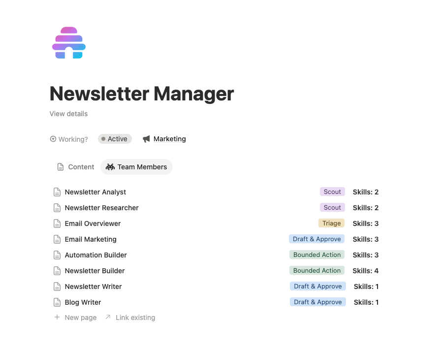 The newsletter team page in Notion listing each agent seat and its role