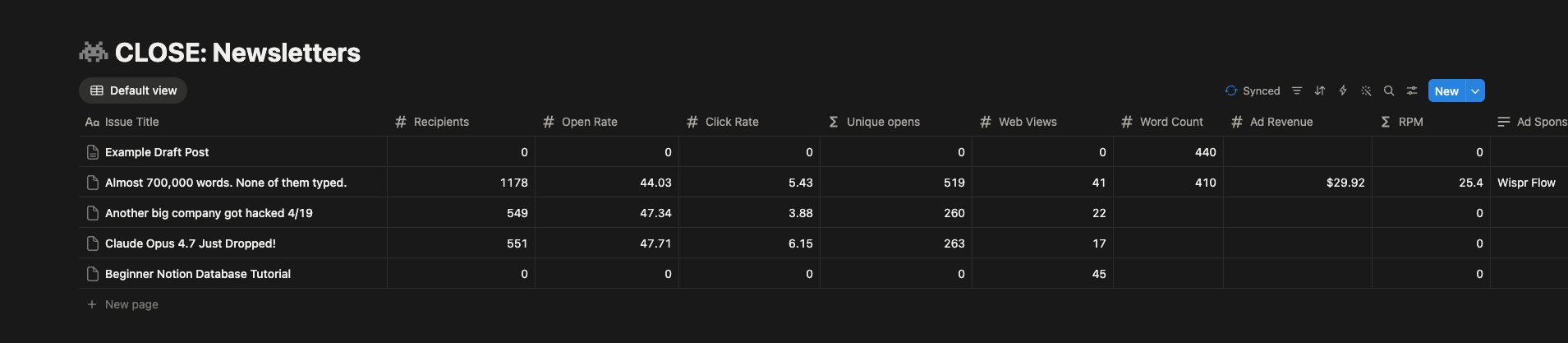 A fully synced newsletter-stats database inside Notion that auto-updates every morning