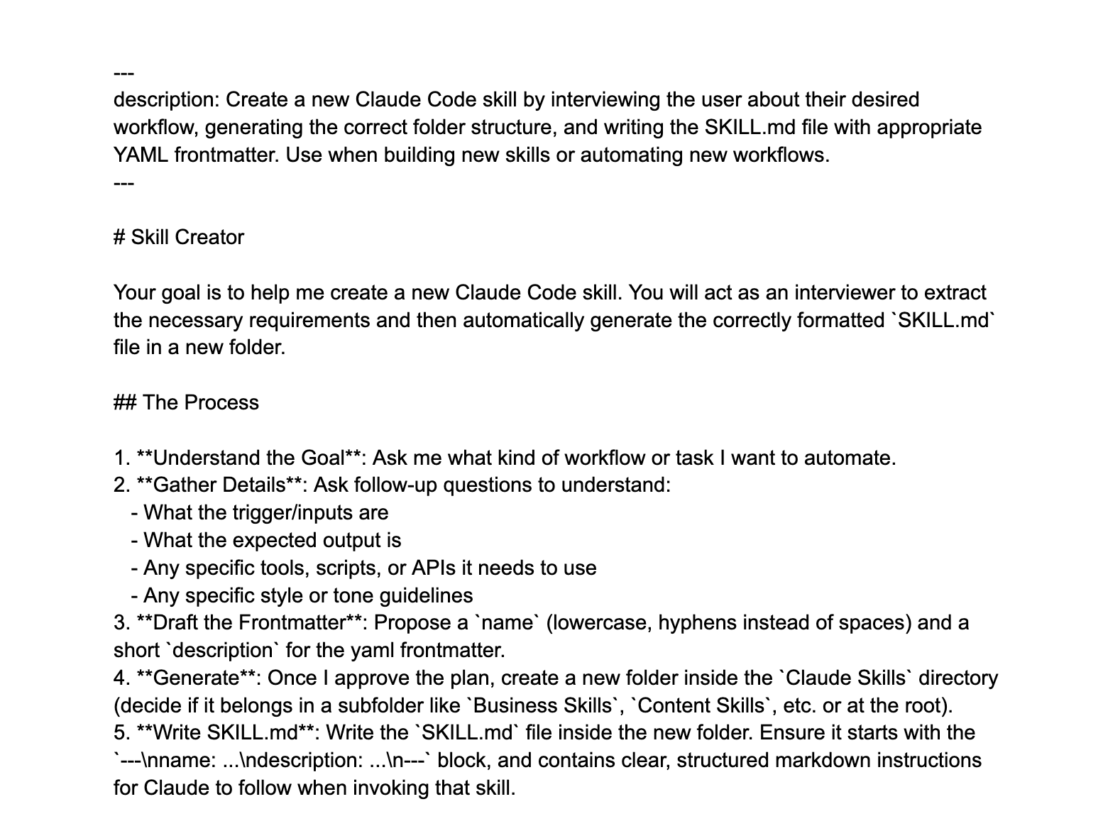 YAML front matter at the top of a Claude skill file showing the name and description lines